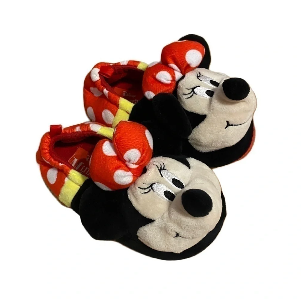 Disney Minnie Mouse Plush Slippers Sz 11/12 Red Black Polka Dot 3D  Box KB
